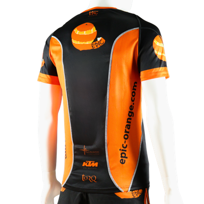 Custom printed performance running T-shirt rear side view with short sleeves and shaped side panels.