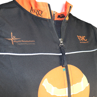 Custom printed Pro Cut twin pocket cycle gilet high collar and zip detail designed for layering and airflow.