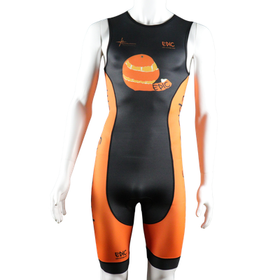 Epic Premium custom youth triathlon suit front view with lightweight compression fabric, rear zip construction and fully custom printed design.
