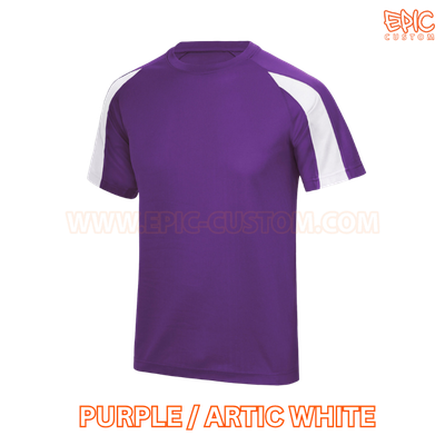 Custom printed contrast sports t-shirt colour purple and arctic white