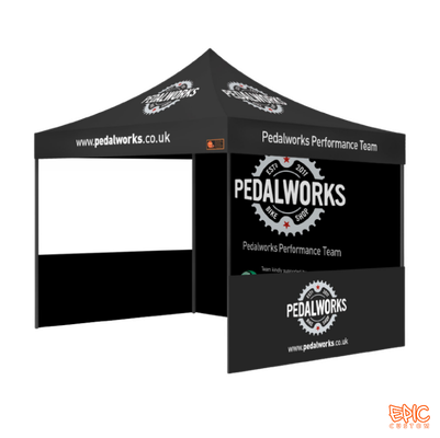 Sports Package 3x3m custom printed gazebo for Pedalworks with black anodised frame, fully waterproof and BS 7837:1996 fire rated.