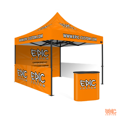 Example of an Expo Package 3x3m custom printed gazebo with anodised black frame, branded counter, half walls, fully waterproof fabric and BS 7837:1996 fire rating.