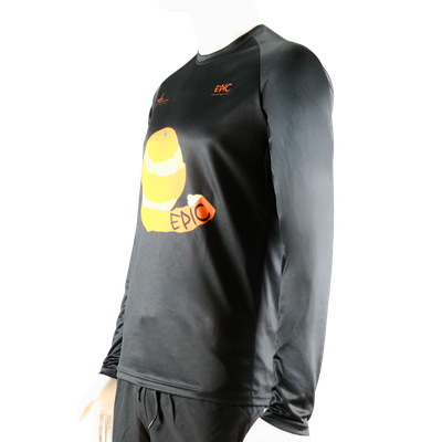 Custom printed long sleeved running shirt side view with shaped racer back panel and custom design area.