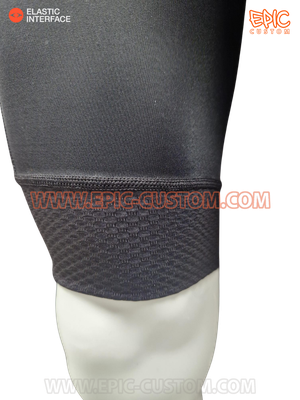 Custom printed EuroPro WAFFLE bib shorts with six centimetre WAFFLE aerodynamic comfort leg band opening.