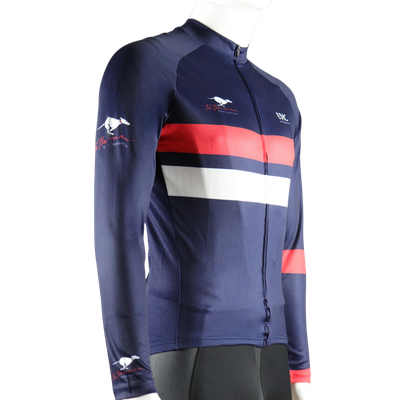 Custom branded classic long sleeve cycle jersey side view showing full sleeve profile and cycling fit.