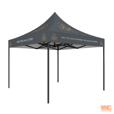 Basic Package 3x3m custom printed gazebo for The Cycling Network with anodized black Epic 50 frame, fully waterproof and fire rated for UK events.