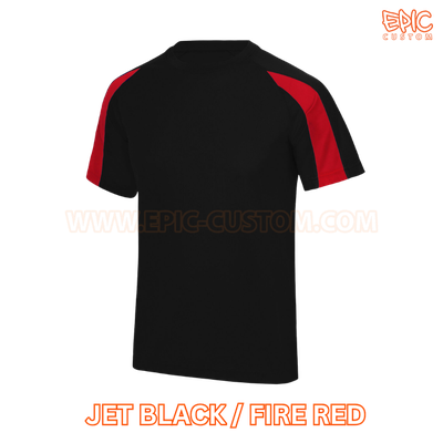 Custom printed youth contrast sports t-shirt colour jet black and fire red
