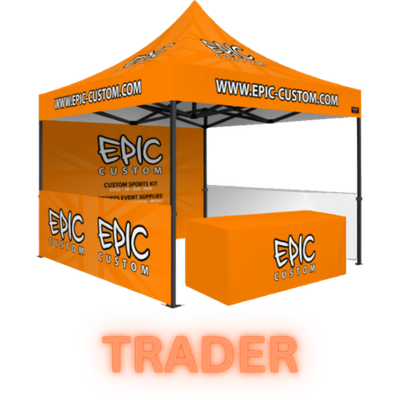 Premium Trader Package custom printed gazebo with branded walls, branded tablecloth and trestle table for event trading.