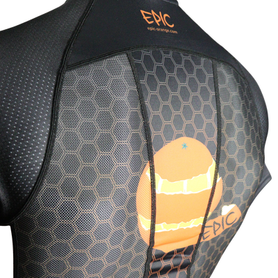 Epic Premium custom short sleeve triathlon top rear shoulder detail with micro-mesh ventilation fabric for airflow.