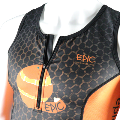 Epic Premium custom endurance triathlon top front zip detail showing premium construction and quick-dry Tri-Skin fabric.