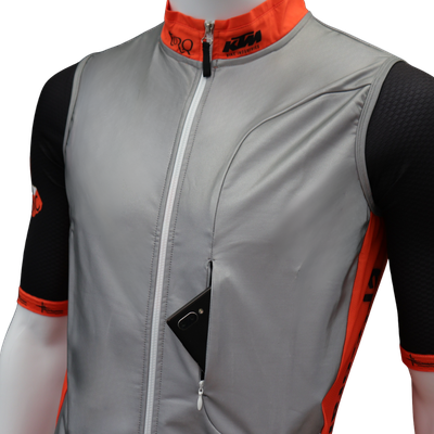Custom design fully reflective cycle gilet chest phone pocket detail with windproof weather-resistant front panel.