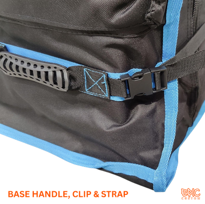 Close-up of base handle, clip and strap on heavy-duty wheeled roller storage bag for secure gazebo transport.
