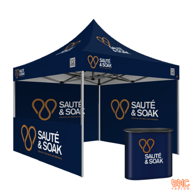 Expo Package 3x3m custom printed gazebo for Sauté & Soak with standard silver frame, branded counter, half walls, fully waterproof fabric and BS 7837:1996 fire rating.