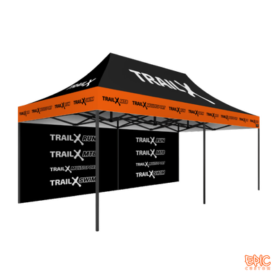 Impact Package 6x3m custom printed gazebo for TrailX with black anodized Epic 50 frame, fully waterproof and fire rated for UK events.