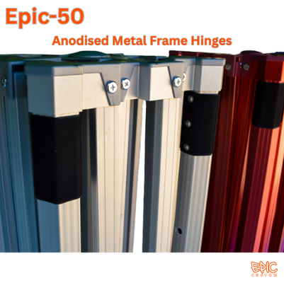 Close-up of Epic 50 gazebo frame hinges showing durable anodised metal construction for smooth reliable operation.