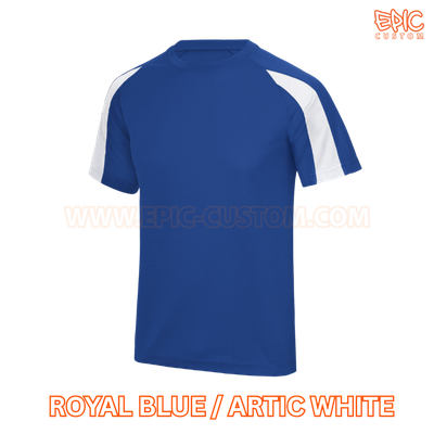 Custom printed youth contrast sports t-shirt colour royal blue and arctic white front view