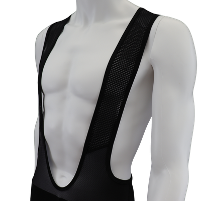 Custom branded World Tour Aero bib shorts with black mesh bib front for breathable support and performance comfort.