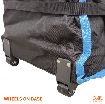Integrated wheels on the base of a heavy-duty wheeled roller storage bag for smooth custom gazebo frame transport.