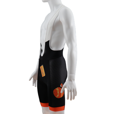 Custom branded Pro cycle bib shorts left-hand side view showing streamlined panel construction and cycling fit.
