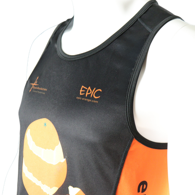 Custom printed performance running vest arm opening detail designed for comfort during running.