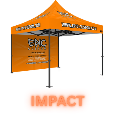 Premium Impact Package custom printed gazebo with printed canopy and rear wall, fully waterproof fabric and BS 7837:1996 fire rating.
