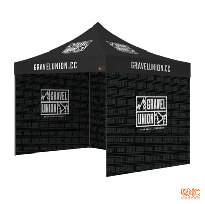 Complete Package 3x3m custom printed gazebo for Gravel Union with anodised black frame, fully waterproof and BS 7837:1996 fire rated.