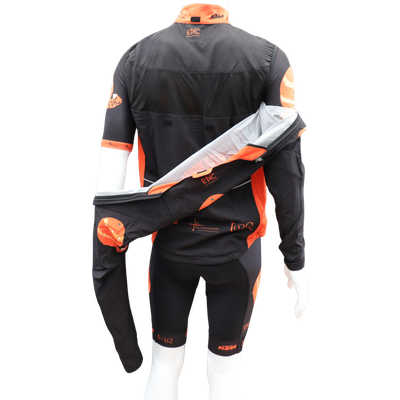 Custom branded convertible cycling jacket shown as a vented back cycle gilet after sleeve removal.