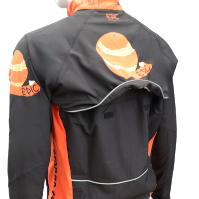 Custom printed convertible cycling jacket gilet with breathable vented rear panel for airflow and riding comfort.
