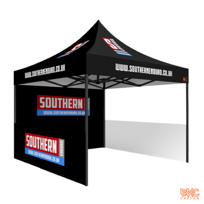 Sports Package 3x3m custom printed gazebo for Southern Enduro with black anodised frame, fully waterproof and BS 7837:1996 fire rated.