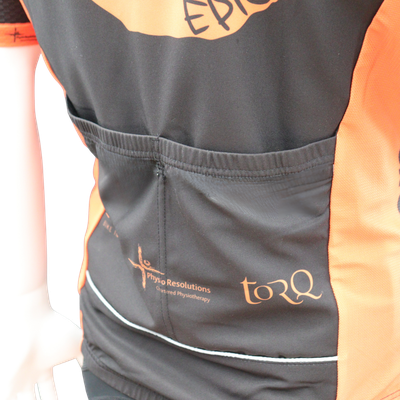 Custom design Pro Cut solid back cycle gilet showing twin rear pocket detail and high quality sublimation print.