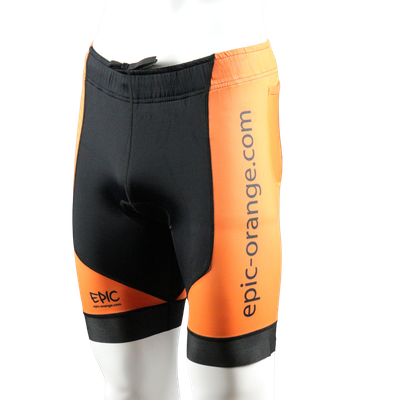 Epic Premium custom endurance triathlon shorts front side view with fully custom printed panels and compression fit.