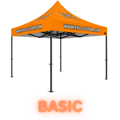 Premium Basic Package custom printed gazebo with canopy-only setup, fully waterproof fabric and BS 7837:1996 fire rating.