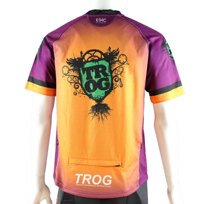 Custom branded short sleeve MTB jersey rear view with full custom print area and relaxed trail fit.