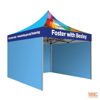 Intermediate Package 3x3m custom printed gazebo for Bexley Fostering with standard silver frame, printed canopy, unbranded walls, fully waterproof fabric and BS 7837:1996 fire rating.