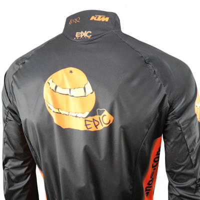 Custom branded All Seasons Pro cycle shower wind jacket upper rear view showing breathable performance fabric.
