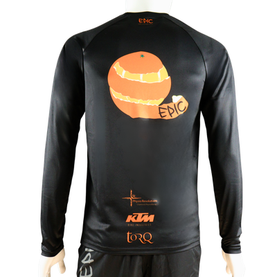 Custom branded long sleeved running shirt rear view with lightweight fabric and custom print area.