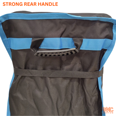 Strong rear handle on heavy-duty wheeled roller storage bag designed for transporting custom printed gazebo frames.