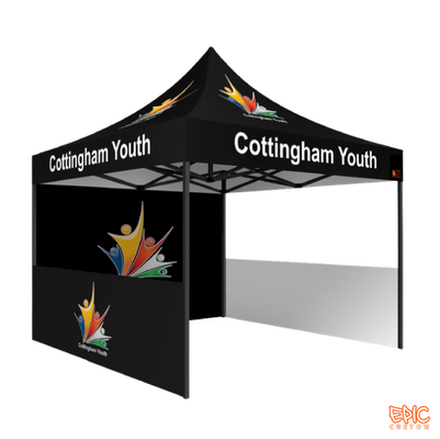 Sports Package 3x3m custom printed gazebo for Cottingham Youth with black anodised frame, fully waterproof and BS 7837:1996 fire rated.