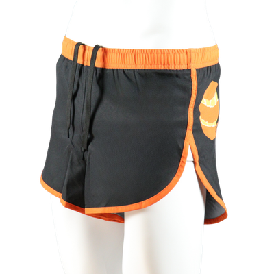 Custom branded performance running shorts front side view with shaped side panel and contrast trim.
