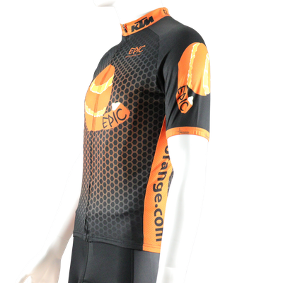 Custom design classic cycle jersey side view with printed panels and short sleeve cycling fit.