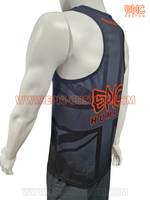 Side rear view of a custom printed racerback running vest designed for running clubs, races and team events using Super DryLite fabric.