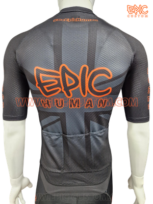 Custom printed WorldTour WAFFLE Aero cycle jersey rear view showing fitted cycling jersey shape and rear pocket layout.