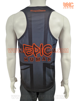 Rear view of a custom printed racerback running vest made from lightweight Super DryLite yarn with full custom event or club branding.