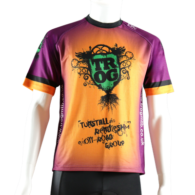 Custom printed short sleeve MTB jersey front view with breathable fabric and relaxed mountain bike fit.