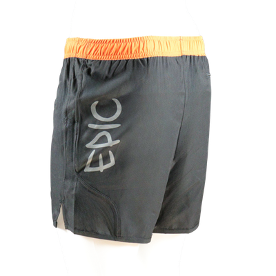 Custom printed long running shorts left side view showing longer cut fit and custom side print.