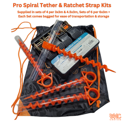 High-visibility orange Pro-Tether gazebo anchoring kit with ratchet straps and spiral ground spike anchors for exposed outdoor event conditions.