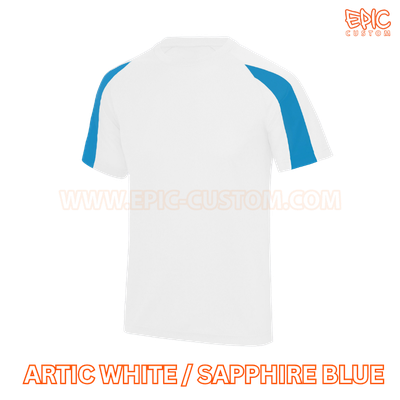 Custom printed contrast sports t-shirt colour arctic white and sapphire blue