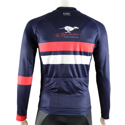 Custom printed classic long sleeve cycle jersey rear view with full sleeve fit and custom back panel.