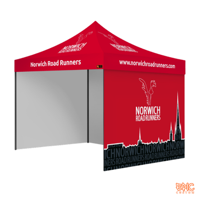 Complete Package 3x3m custom printed gazebo for Norwich Road Runners with anodised black Epic 50 frame, fully waterproof, BS 7837:1996 fire rated and backed by a 5-year frame warranty.