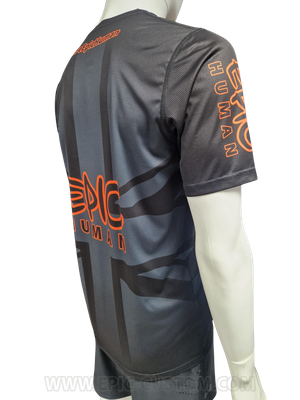 Right side rear view of a custom printed running shirt made from Super DryLite performance fabric.